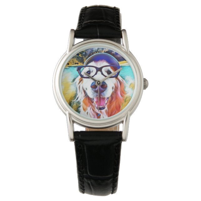 Lebhaftes Golden Retriever Nerd Brillen Gemälde Armbanduhr (Vorderseite)