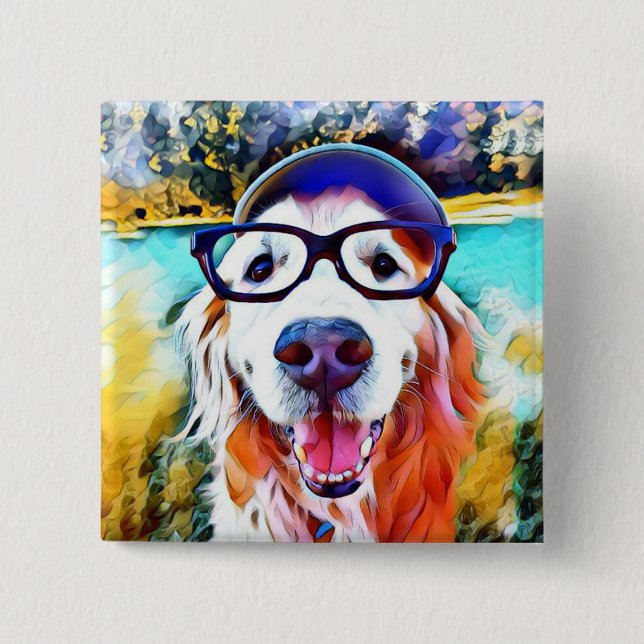Lebhaftes Golden Retriever Nerd Brillen Gemälde Button (Vorderseite)