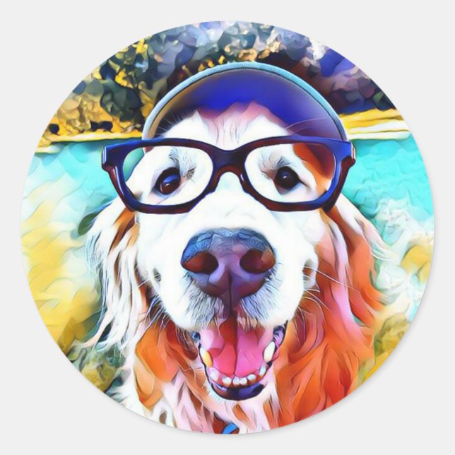 Lebhaftes Golden Retriever Nerd Brillen Gemälde Runder Aufkleber (Vorderseite)