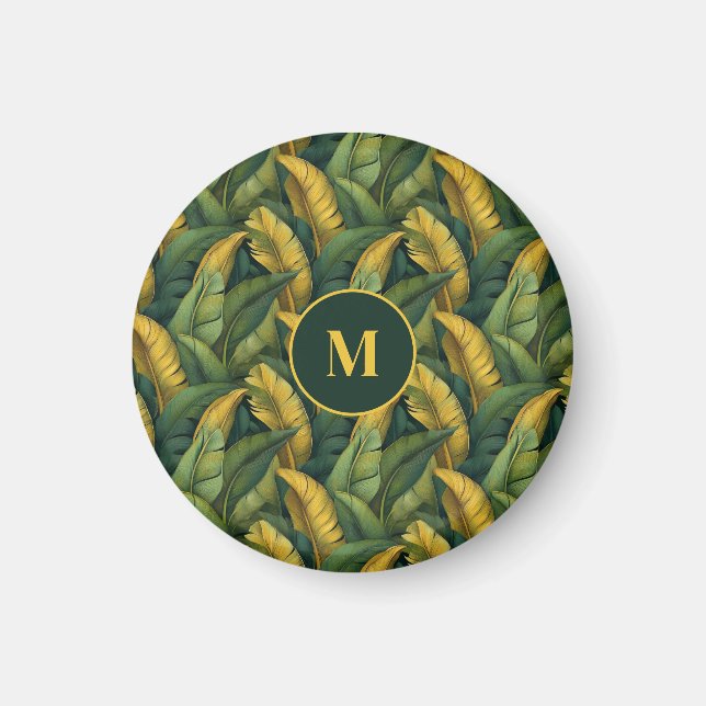 Lebhaftes Green Banana Foliage Muster monogramiert Magnet (Vorne)