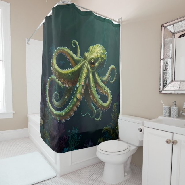 Lebhaftes grünes Octopus Unterwasser-Leben-Bad Duschvorhang (Beispiel)