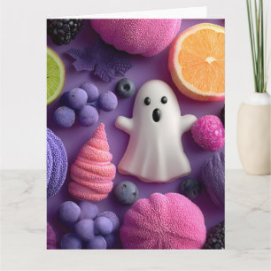 Lebhaftes Halloween Candy and Fruit Flat-Lay Karte