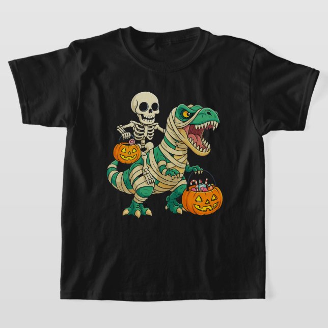 Lebhaftes Halloween-Skelett und T-Rex-Bonbons T-Shirt (Ablage )