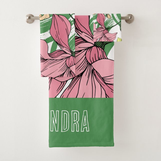 Lebhaftes handgezogenes blumenmonogramm Grün pink Badhandtuch Set (Insitu)