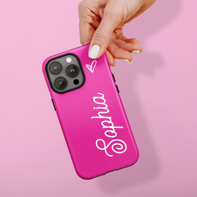 Lebhaftes Hot Pink | Ihr Name in Script mit Herz Case-Mate iPhone Hülle (A colorful, feminine phone case in vibrant hot pink, with your name in trendy script and a heart)