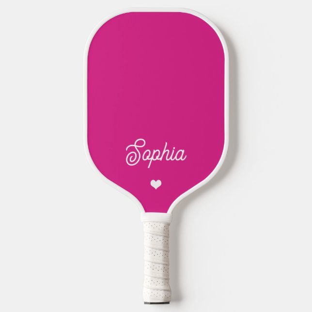Lebhaftes Hot Pink | Ihr Name in Script mit Herz Pickleball Schläger (Vorderseite)