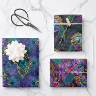 Lebhaftes Illustriertes Pfauenmuster Geschenkpapier Set