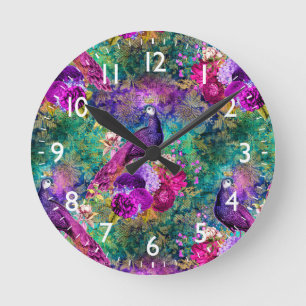 Lebhaftes Illustriertes Pfauenmuster Runde Wanduhr
