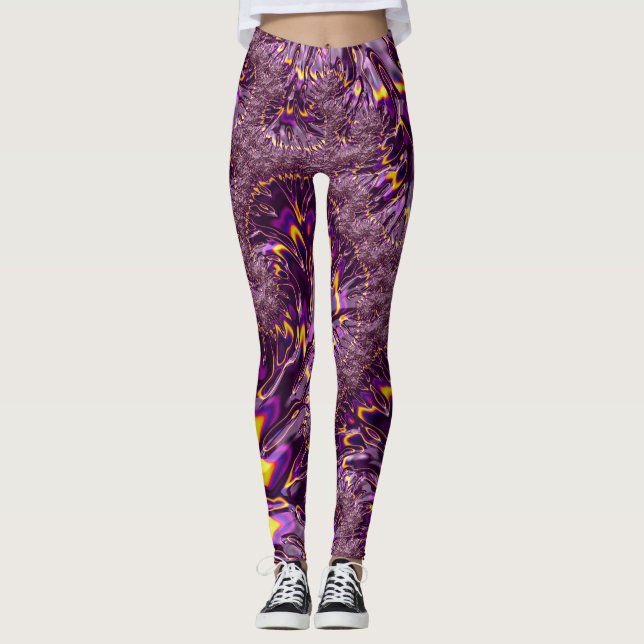 Lebhaftes, Lila Gelbes Groovy Fraktal Art Leggings (Vorderseite)