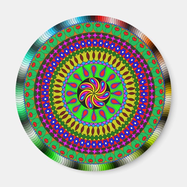 Lebhaftes Lila, grünes, rotes Mandala Magnet (Vorne)