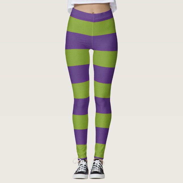 Lebhaftes Lila Kalkgrün gestreiftes Halloween Leggings (Vorderseite)