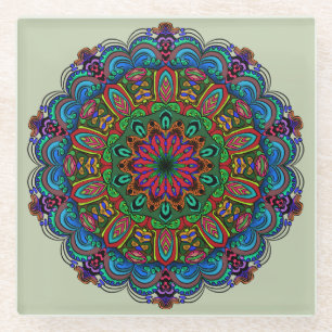 Lebhaftes Mandala Floral- und geometrisches Muster Glasuntersetzer