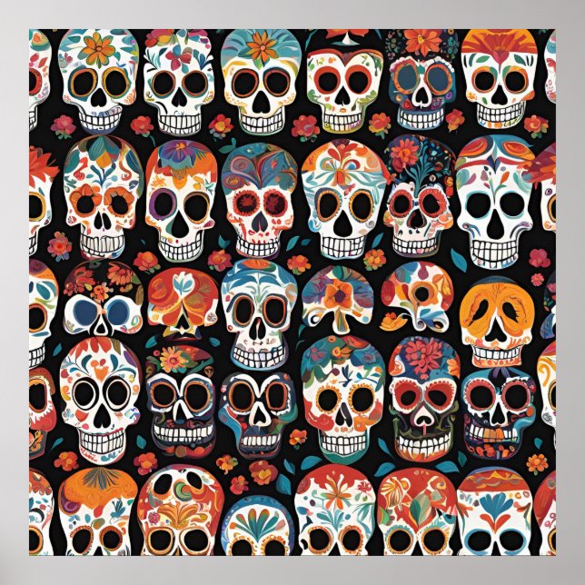Lebhaftes mexikanisches Folk Art Skull Design Poster (Vorne)