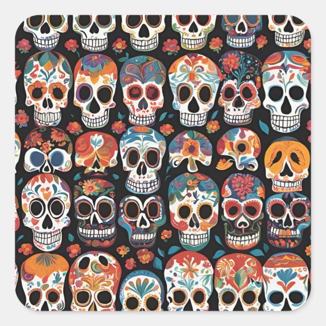 Lebhaftes mexikanisches Folk Art Skull Design Quadratischer Aufkleber (Vorderseite)