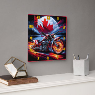 Lebhaftes Motorrad mit kanadischer Flagge in der N Quadratische Wanduhr