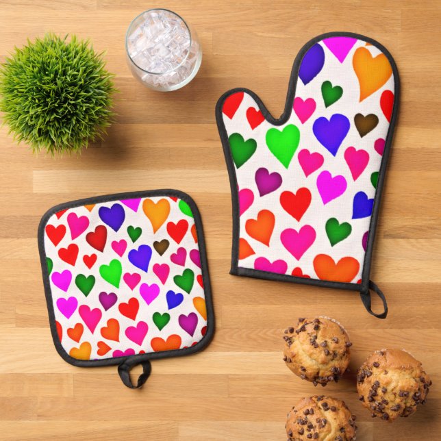 Lebhaftes Multicolor Herzmuster Ofenhandschuh & Topflappen-Set (Oben Unten)