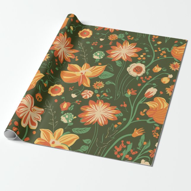 Lebhaftes Muster mit orangefarbenen und gelben Blü Geschenkpapier (Ungerollt)
