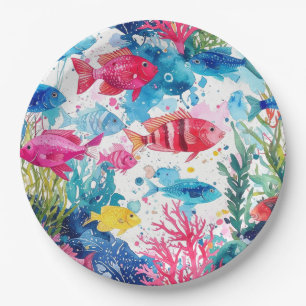 Lebhaftes Muster tropischer Fische Wasserfarbenwel Pappteller