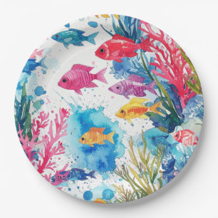 Lebhaftes Muster tropischer Fische Wasserfarbenwel Pappteller