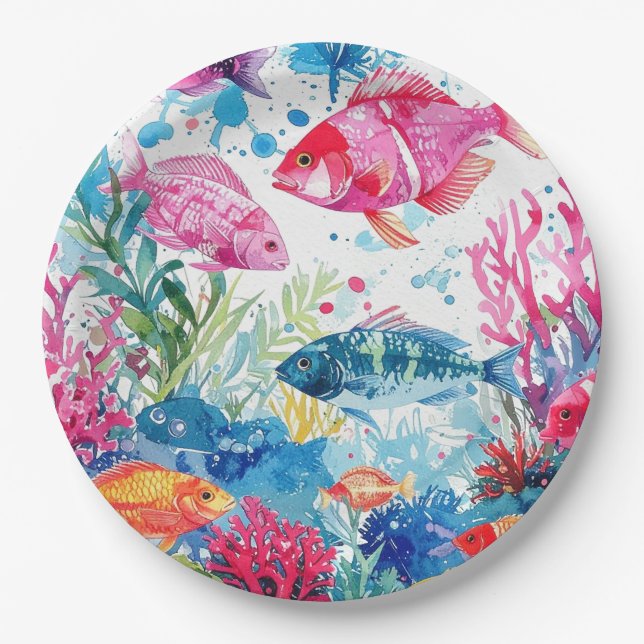 Lebhaftes Muster tropischer Fische Wasserfarbenwel Pappteller (Vorderseite)
