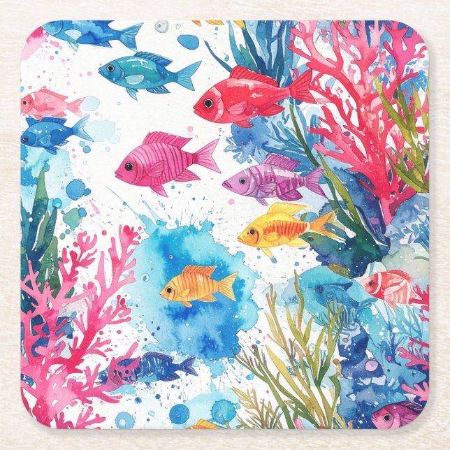 Lebhaftes Muster tropischer Fische Wasserfarbenwel Rechteckiger Pappuntersetzer (Vorderseite)