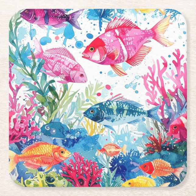 Lebhaftes Muster tropischer Fische Wasserfarbenwel Rechteckiger Pappuntersetzer (Vorderseite)