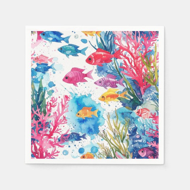 Lebhaftes Muster tropischer Fische Wasserfarbenwel Serviette (Vorderseite)