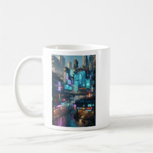 Lebhaftes Neon Cyberpunk Cityscape futuristisch Kaffeetasse