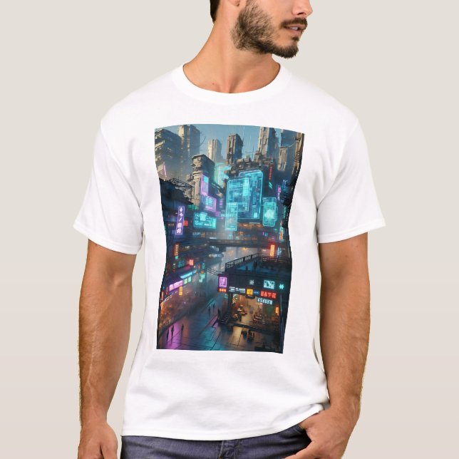 Lebhaftes Neon Cyberpunk Cityscape futuristisch T-Shirt (Vorderseite)