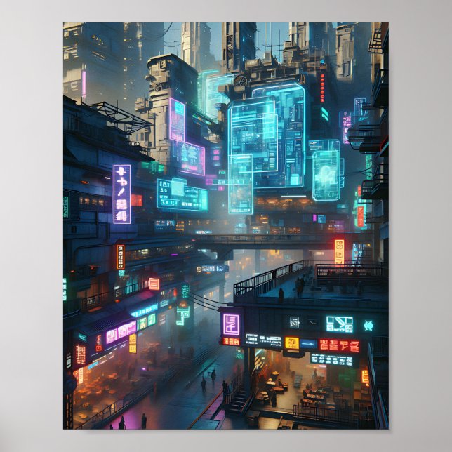 Lebhaftes Neon Cyberpunk Street Scene Poster (Vorne)