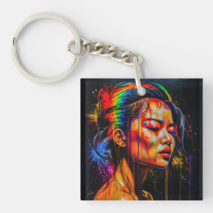 Lebhaftes Neon Portrait - Abstrakte expressionisti Schlüsselanhänger