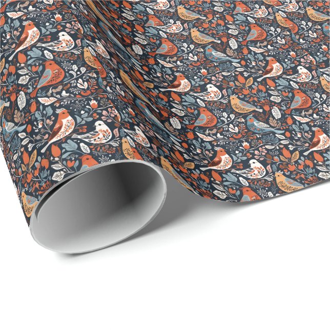 Lebhaftes nordisches Flora- und Vogelmuster Geschenkpapier (Rolleneckpunkt)