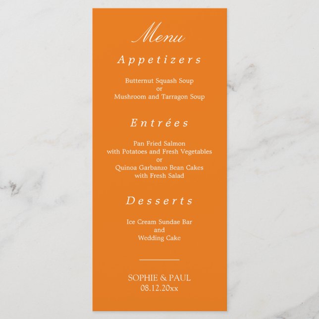 Lebhaftes Orange Wedding Menu Menükarte (Vorderseite)