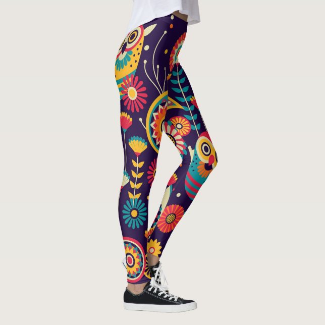 Lebhaftes Owl-Hintergrunddesign Leggings (Rechts)