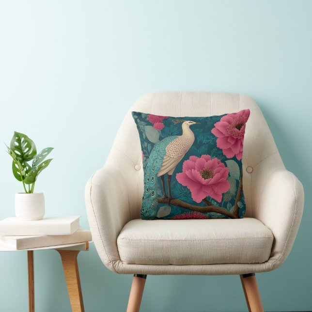 Lebhaftes Pfau- und rosa Blumenmuster Kissen (Stuhl )