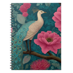 Lebhaftes Pfau- und rosa Blumenmuster Notizblock