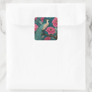 Lebhaftes Pfau- und rosa Blumenmuster Quadratischer Aufkleber