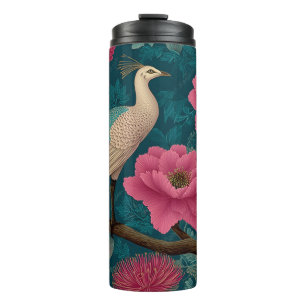 Lebhaftes Pfau- und rosa Blumenmuster Thermosbecher