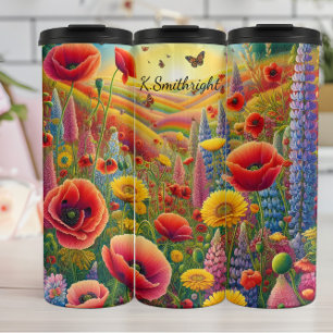 Lebhaftes Poppy Lupine Rainbow Field Thermosbecher