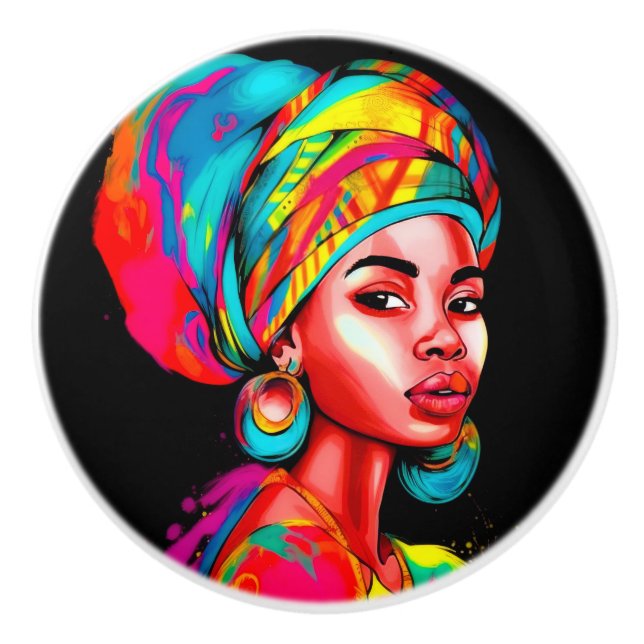 Lebhaftes Portrait mit farbenfroher Kopfbedeckung Keramikknauf (Vorderseite)