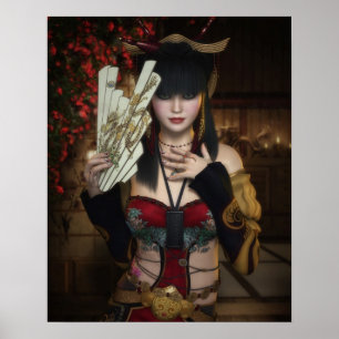 Lebhaftes Poster der Dame unter Blüten mit Lüfter