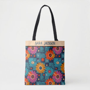 Lebhaftes Retro-Blumenmuster mit Aquamarinen Quadr