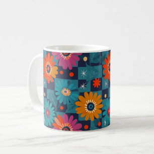 Lebhaftes Retro-Blumenmuster mit Aquamarinen Quadr Kaffeetasse
