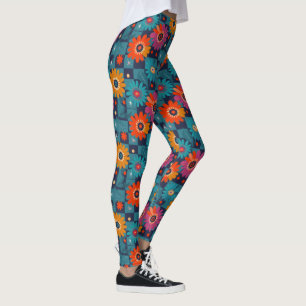Lebhaftes Retro-Blumenmuster mit Aquamarinen Quadr Leggings