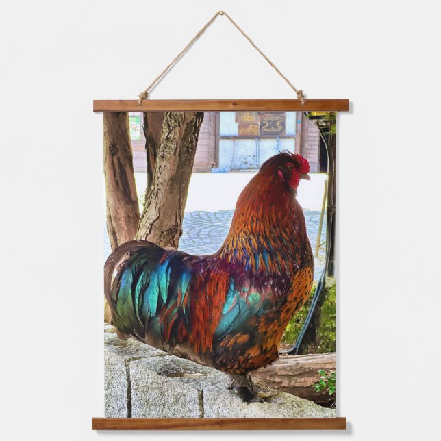 Lebhaftes Rooster-Tapisserie - farbenfrohe Mauer A Wandteppich Mit Holzrahmen (Vorderseite)