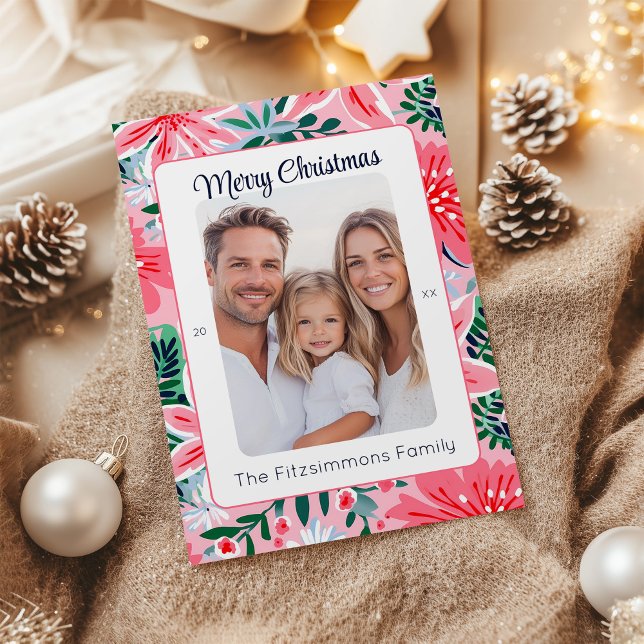 Lebhaftes rosa tropisches Weihnachtsgebirge Foto Feiertagskarte (Pink Tropical Floral Christmas Card)