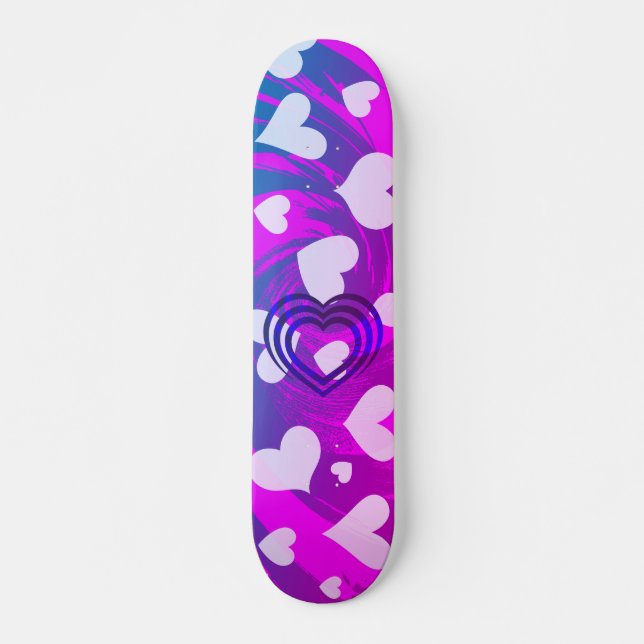 Lebhaftes rosa und weißes Herzmuster Skateboard (Vorne)