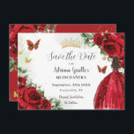 Lebhaftes Rot-Blütendruckerkleid Gold Quinceañera Save The Date<br><div class="desc">Personalisieren Sie diesen hübschen roten Blumenstrauß Quinceañera / Sweet 16 Geburtstag Save the Date einfach und schnell. Klicken Sie einfach auf die Schaltfläche "Weitere Einstellungen", um die Texte zu bearbeiten, Schriftart und Schriftart zu ändern. Mit einem Mädchen gekleidet in einem schönen glitzernden roten Ball, lebendigen rote Rosen, Schmetterlinge und Goldelemente....</div>