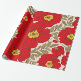 Lebhaftes rotes Blumenmuster mit Olive Green Blätt Geschenkpapier