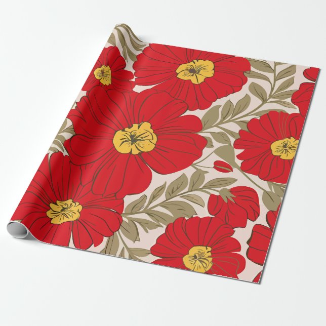 Lebhaftes rotes Blumenmuster mit Olive Green Blätt Geschenkpapier (Ungerollt)